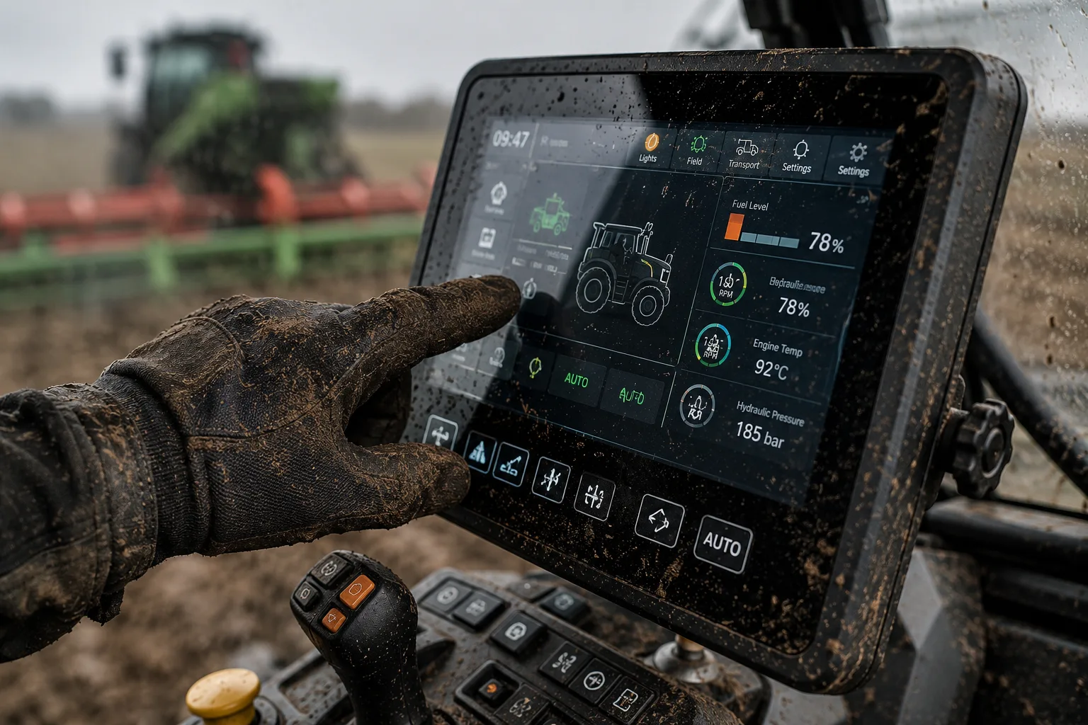 Muddy gloved hand operating a rugged ClickTouch touchscreen