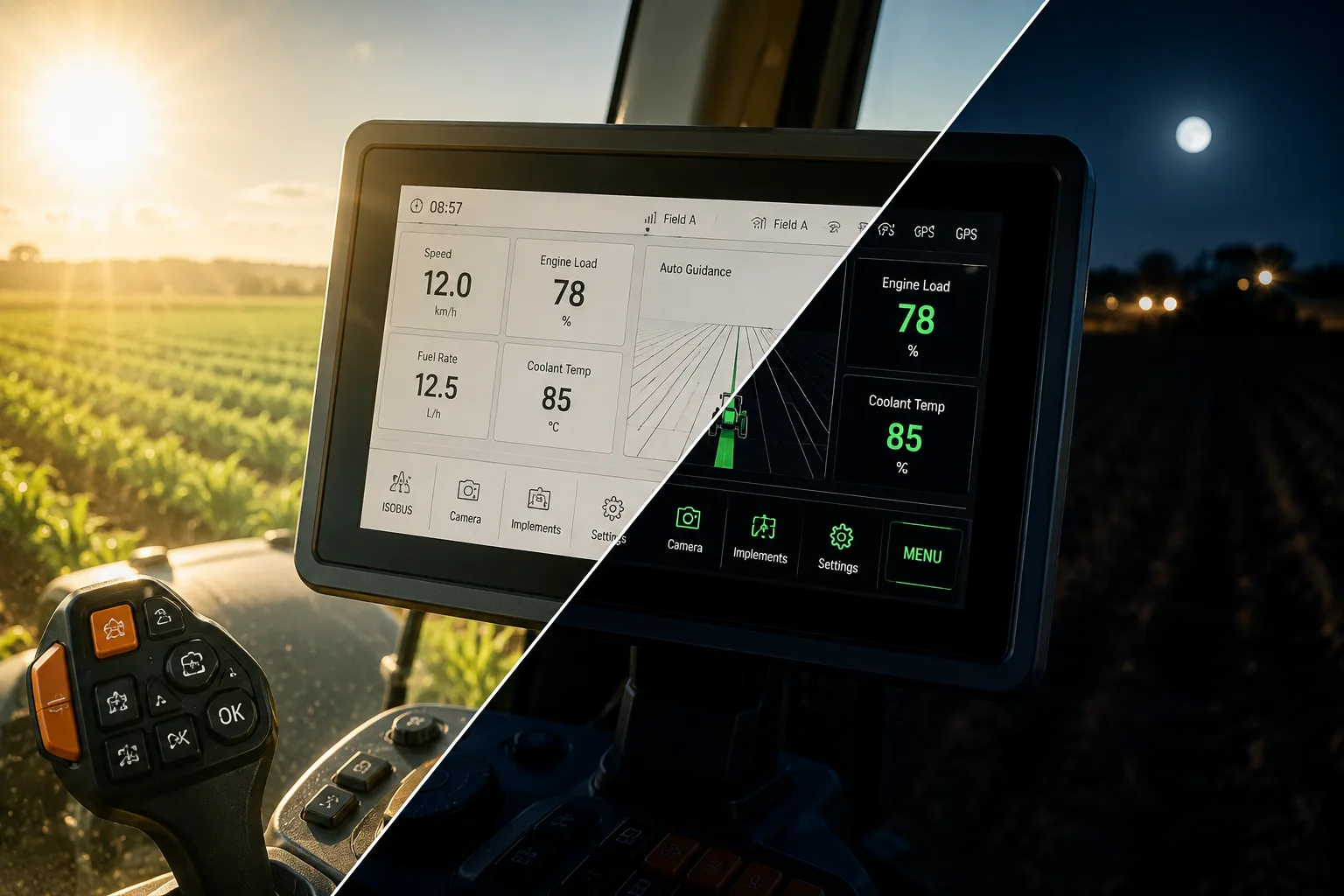 Secret-until-lit display readable by day and by night in a tractor cab