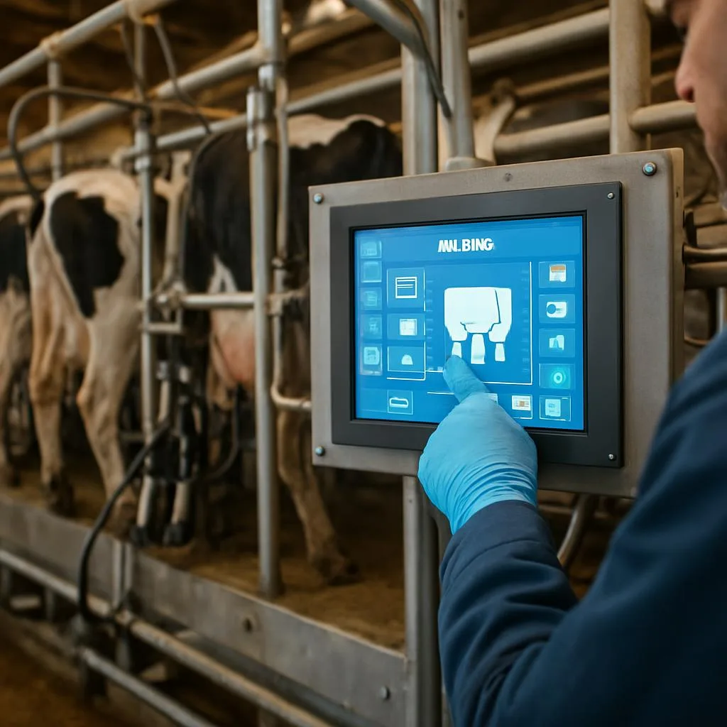 Touchscreen HMI controlling an automated milking system in a dairy barn